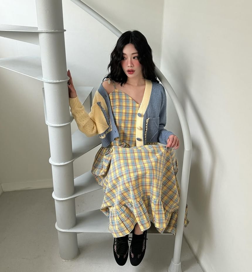 Tie Shoulder V-Neck Plaid Ruffle Midi A-Line Dress