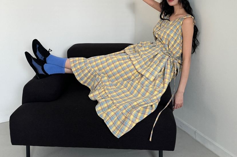 Tie Shoulder V-Neck Plaid Ruffle Midi A-Line Dress