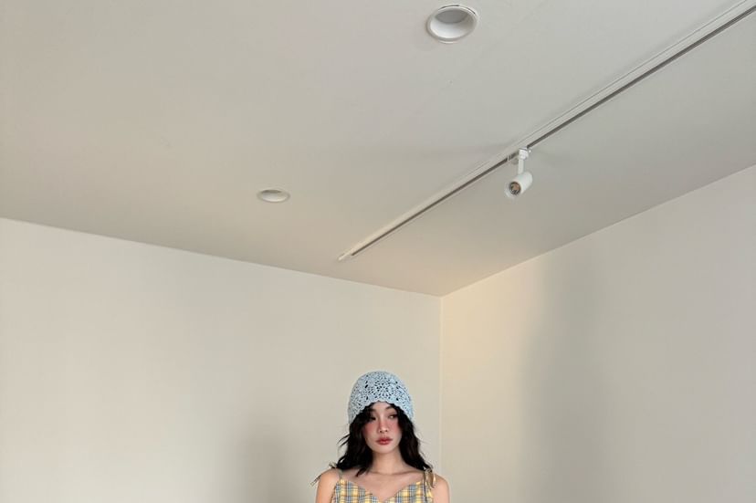 Tie Shoulder V-Neck Plaid Ruffle Midi A-Line Dress