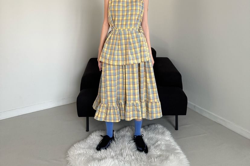 Tie Shoulder V-Neck Plaid Ruffle Midi A-Line Dress