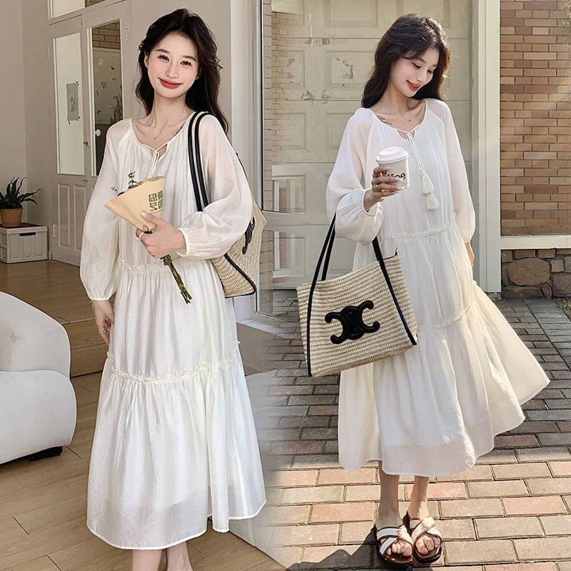 Maternity Notch Neck Frill Trim Tie Front Midi Tunic Dress