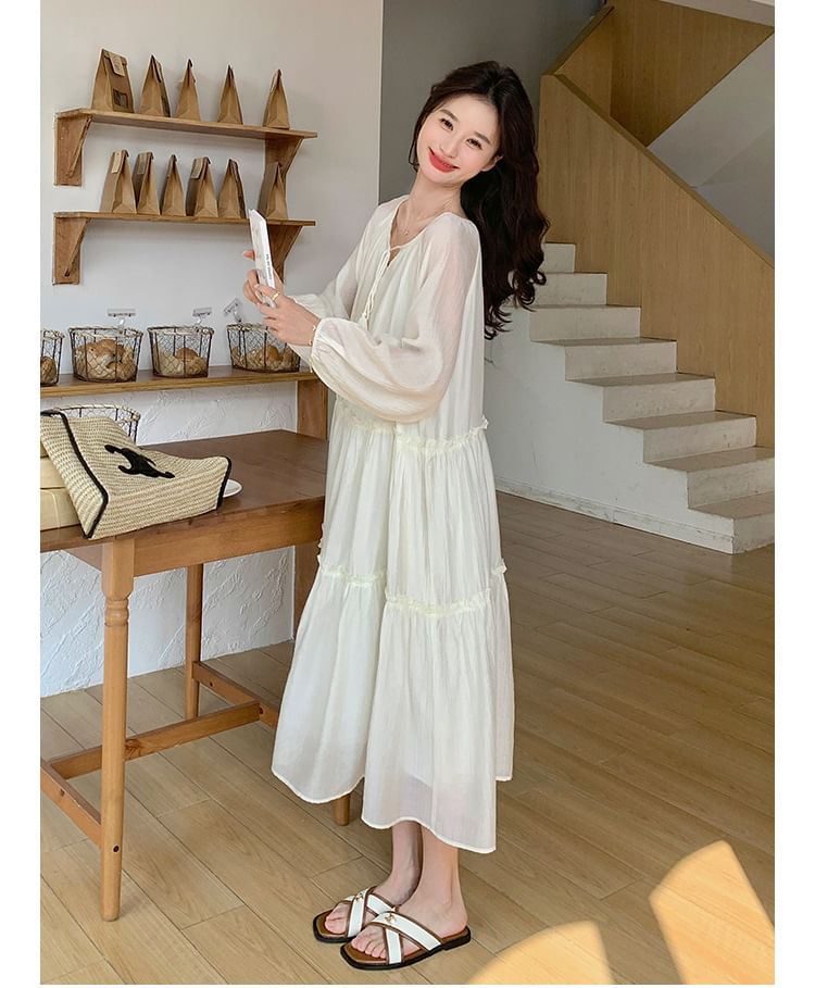 Maternity Notch Neck Frill Trim Tie Front Midi Tunic Dress