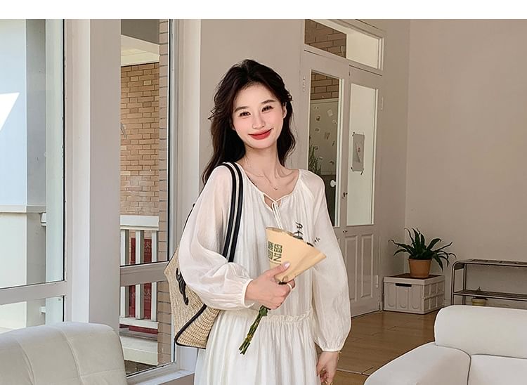 Maternity Notch Neck Frill Trim Tie Front Midi Tunic Dress
