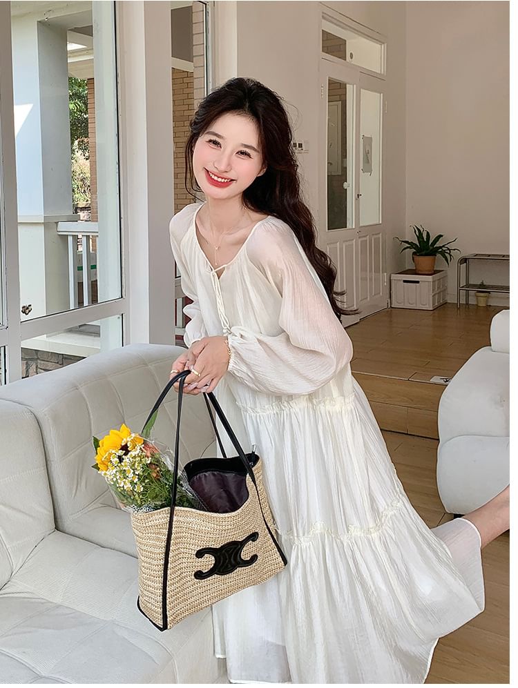 Maternity Notch Neck Frill Trim Tie Front Midi Tunic Dress