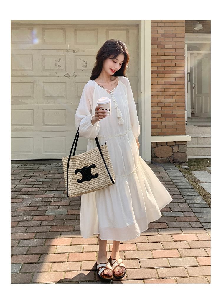 Maternity Notch Neck Frill Trim Tie Front Midi Tunic Dress