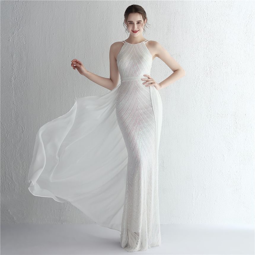 Spaghetti Strap Sequin Sheath Evening Gown