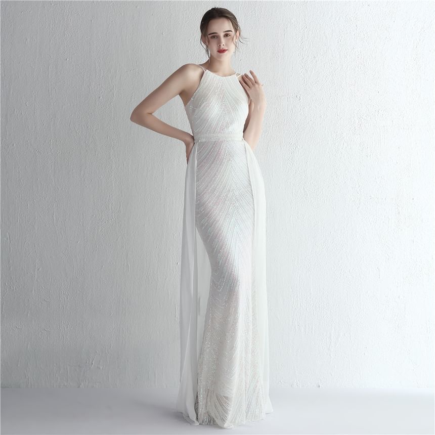 Spaghetti Strap Sequin Sheath Evening Gown