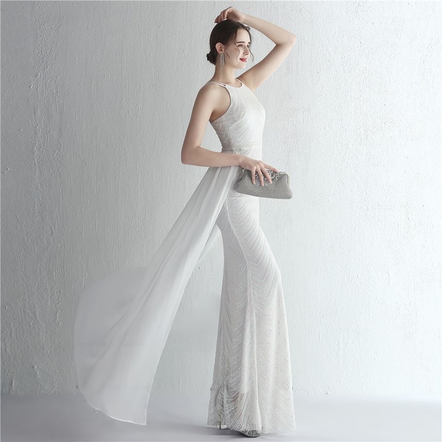 Spaghetti Strap Sequin Sheath Evening Gown