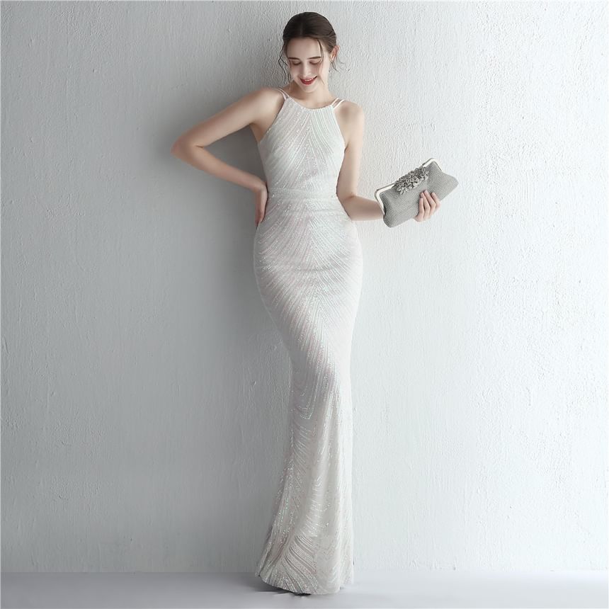 Spaghetti Strap Sequin Sheath Evening Gown