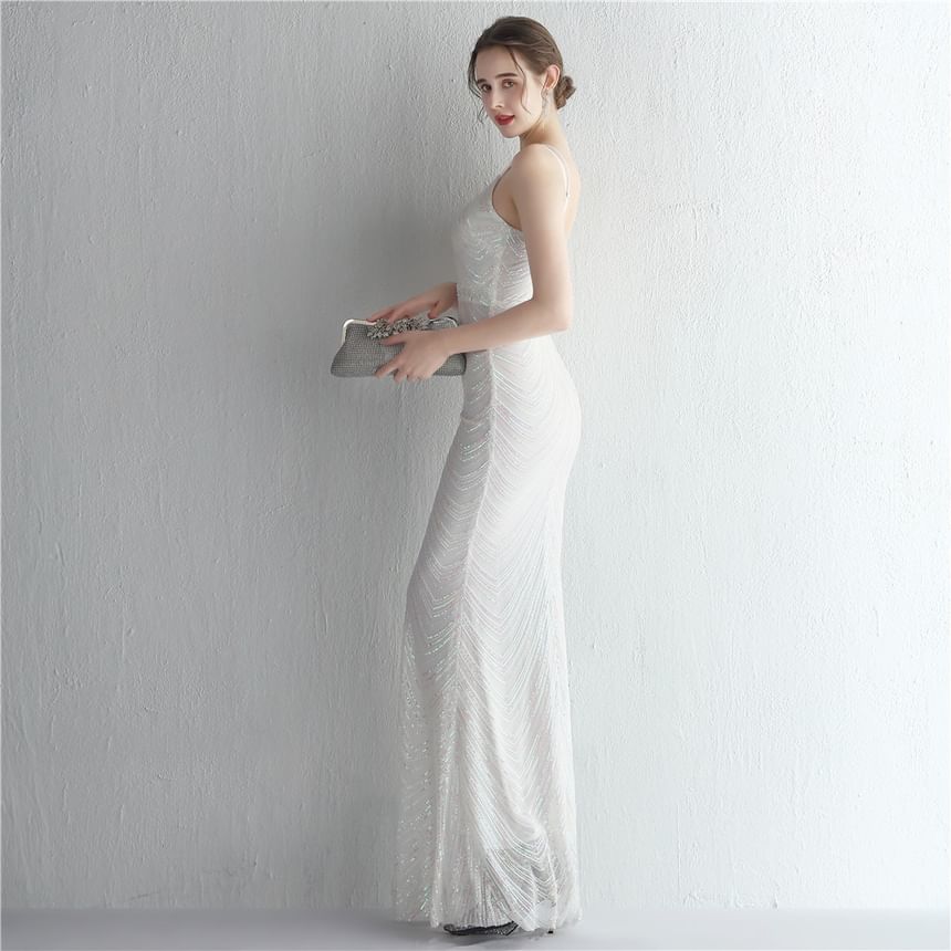 Spaghetti Strap Sequin Sheath Evening Gown
