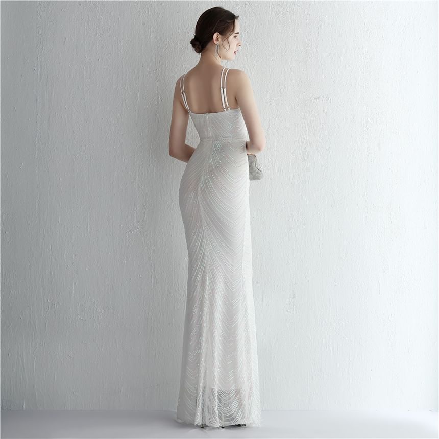 Spaghetti Strap Sequin Sheath Evening Gown