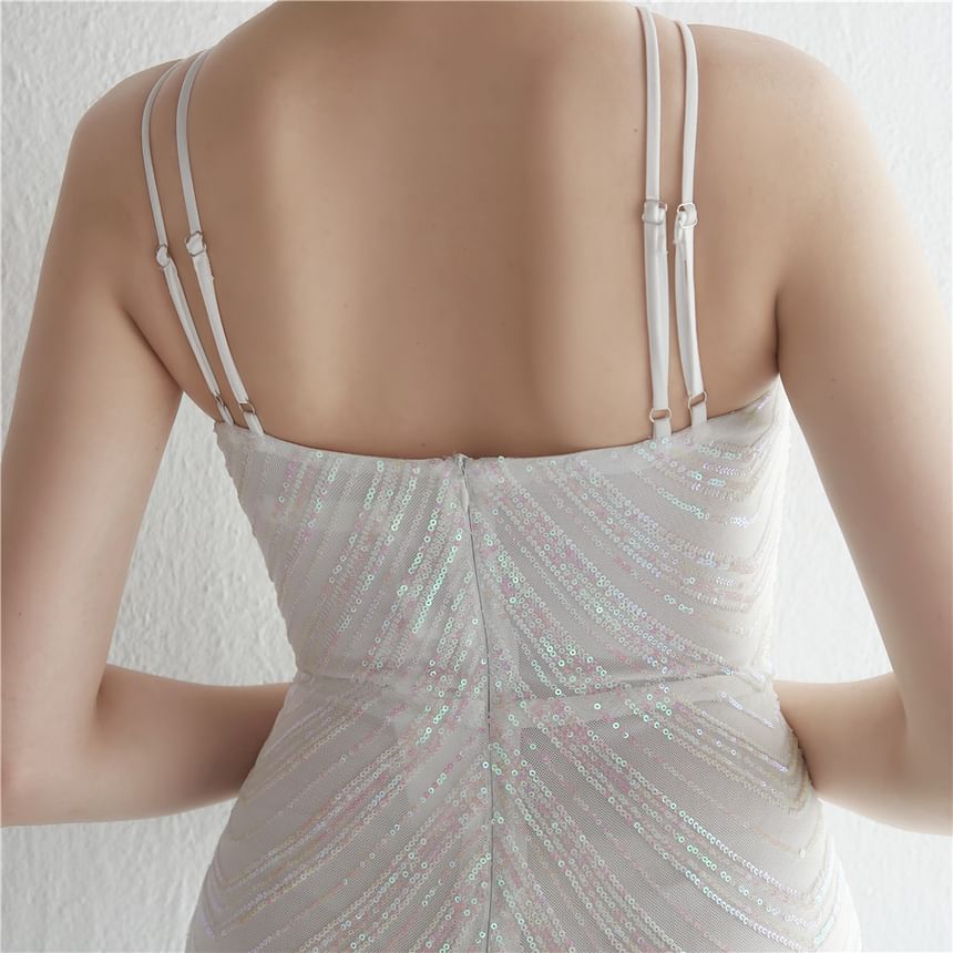 Spaghetti Strap Sequin Sheath Evening Gown