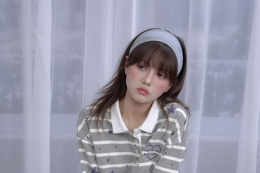 Striped Long Sleeve Polo Collared Shirt