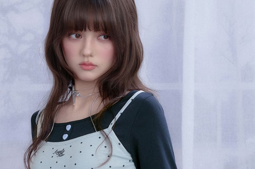 Dotted Mock Two Piece Long Sleeve Blouse Top
