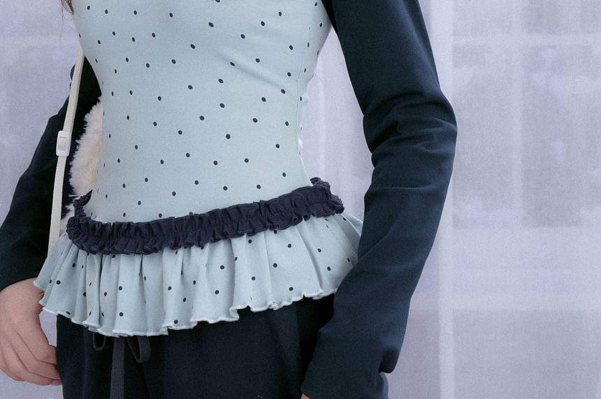Dotted Mock Two Piece Long Sleeve Blouse Top