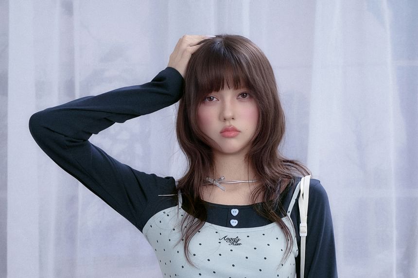 Dotted Mock Two Piece Long Sleeve Blouse Top