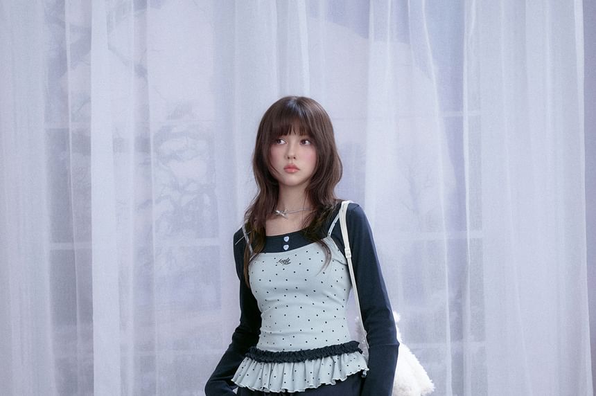 Dotted Mock Two Piece Long Sleeve Blouse Top