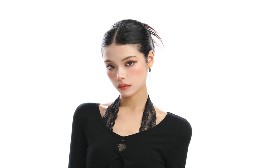 Lace Panel Halter Cutout Mock Two Piece Long Sleeve Top
