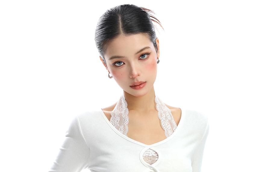 Lace Panel Halter Cutout Mock Two Piece Long Sleeve Top
