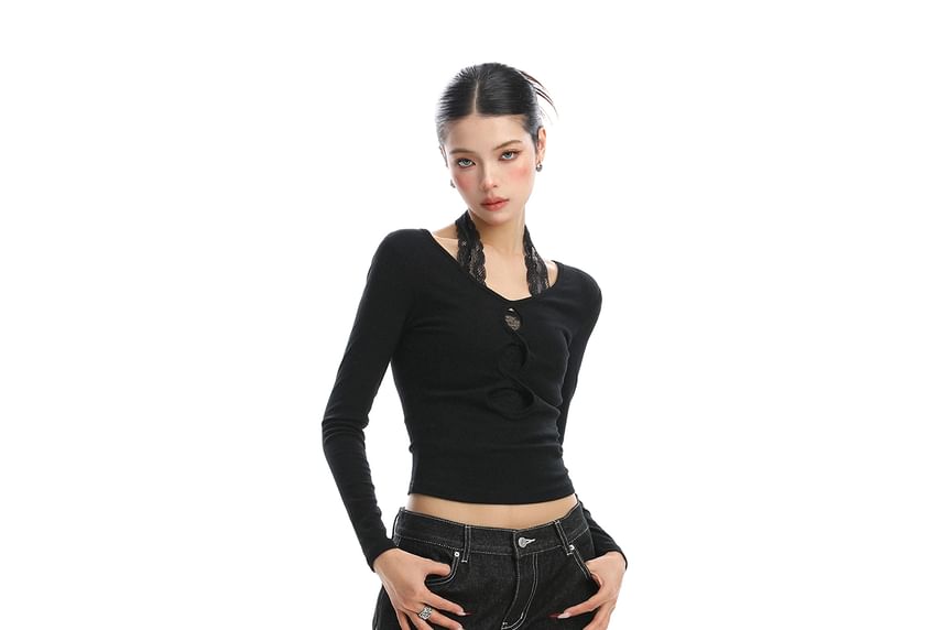 Lace Panel Halter Cutout Mock Two Piece Long Sleeve Top