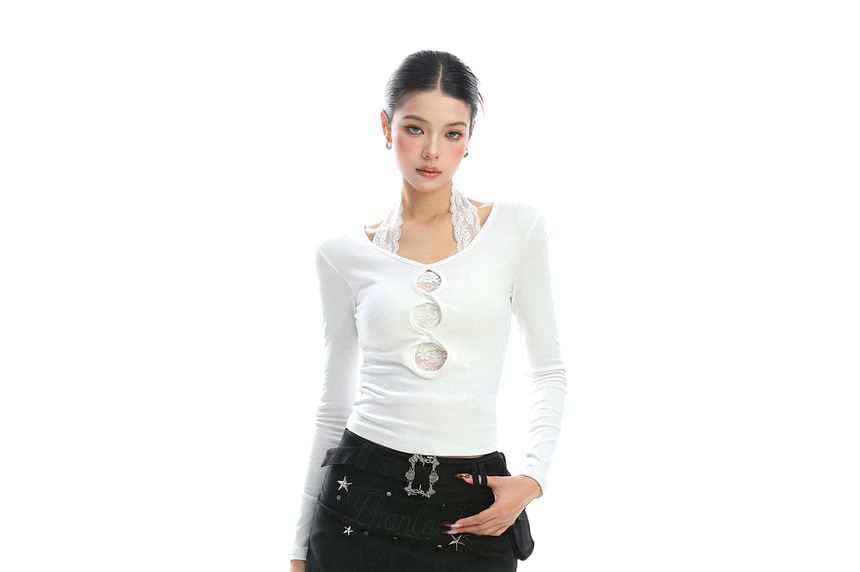Lace Panel Halter Cutout Mock Two Piece Long Sleeve Top