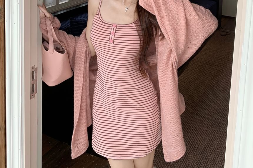 Spaghetti Strap Striped Button Mini A-Line Dress / Plain Open Front Cardigan (Various Designs)