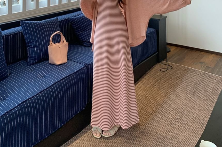 Spaghetti Strap Striped Button Mini A-Line Dress / Plain Open Front Cardigan (Various Designs)