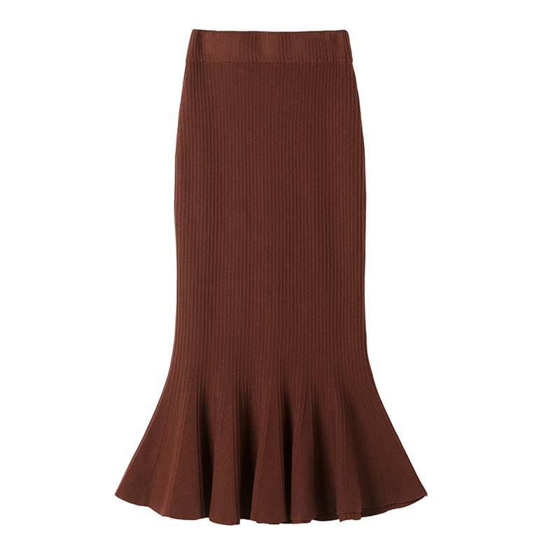 Fishtail Midi Knit Skirt with High Waist