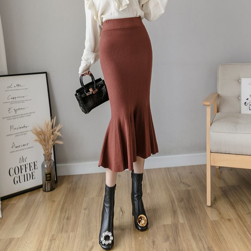 Fishtail Midi Knit Skirt with High Waist