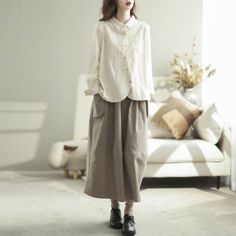 Long Sleeve Pocketed Plain Blouse Shirt