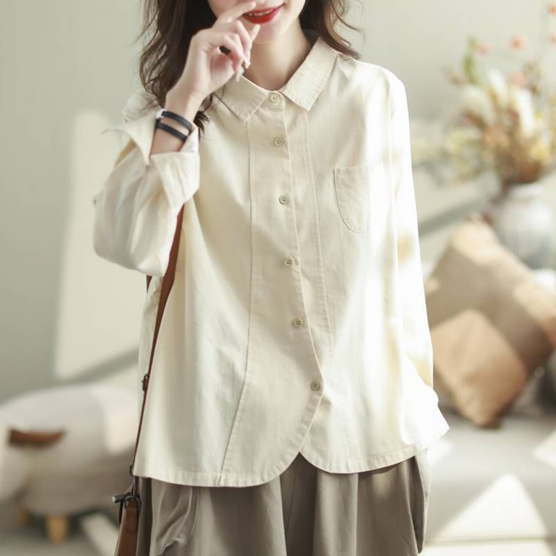 Long Sleeve Pocketed Plain Blouse Shirt