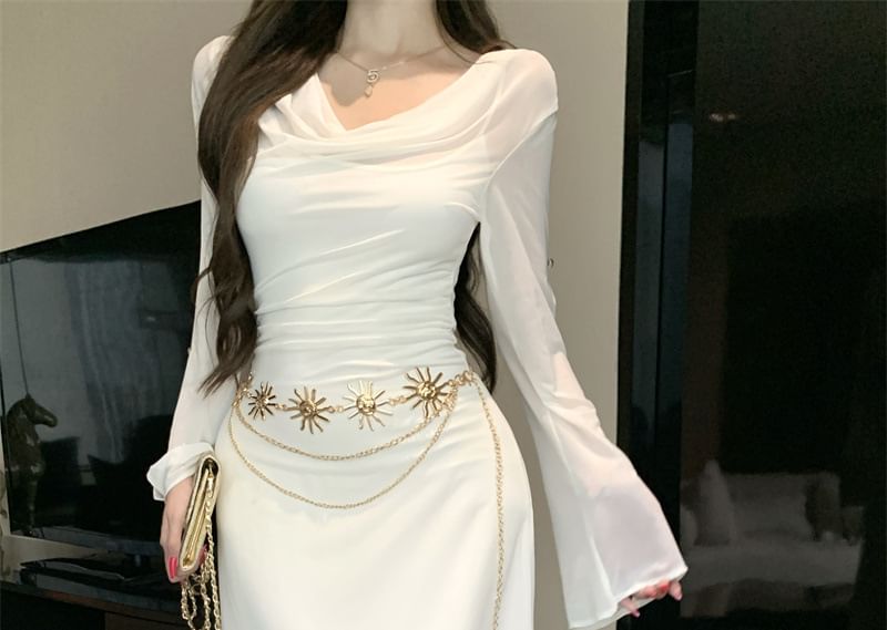 Set: Long-Sleeve Cowl Neck Plain Cutout Mesh Maxi A-Line Dress + Spaghetti Strap Scoop Neck Midi Sheath Dress