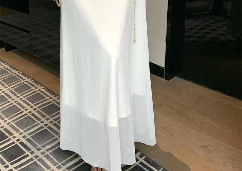 Set: Long-Sleeve Cowl Neck Plain Cutout Mesh Maxi A-Line Dress + Spaghetti Strap Scoop Neck Midi Sheath Dress