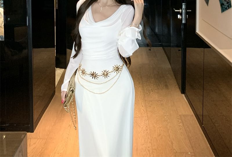Set: Long-Sleeve Cowl Neck Plain Cutout Mesh Maxi A-Line Dress + Spaghetti Strap Scoop Neck Midi Sheath Dress