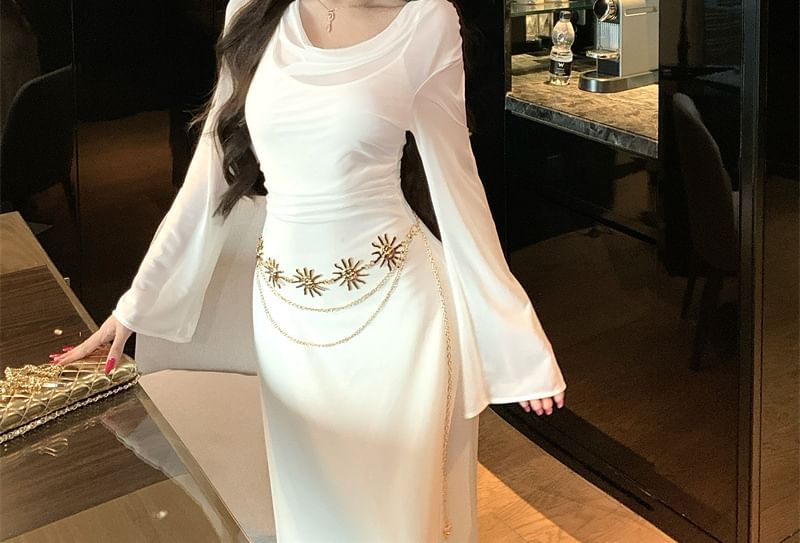 Set: Long-Sleeve Cowl Neck Plain Cutout Mesh Maxi A-Line Dress + Spaghetti Strap Scoop Neck Midi Sheath Dress