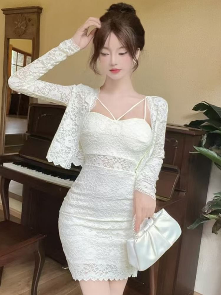 Set: Open Front Lace Crop Light Jacket + Spaghetti Strap Mini Bodycon Dress