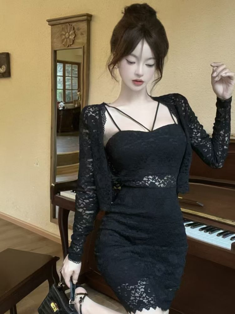 Set: Open Front Lace Crop Light Jacket + Spaghetti Strap Mini Bodycon Dress