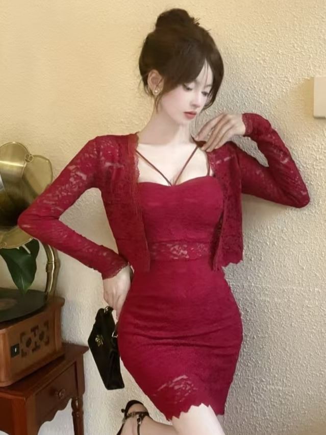 Set: Open Front Lace Crop Light Jacket + Spaghetti Strap Mini Bodycon Dress