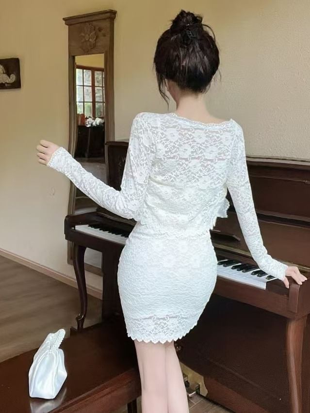 Set: Open Front Lace Crop Light Jacket + Spaghetti Strap Mini Bodycon Dress