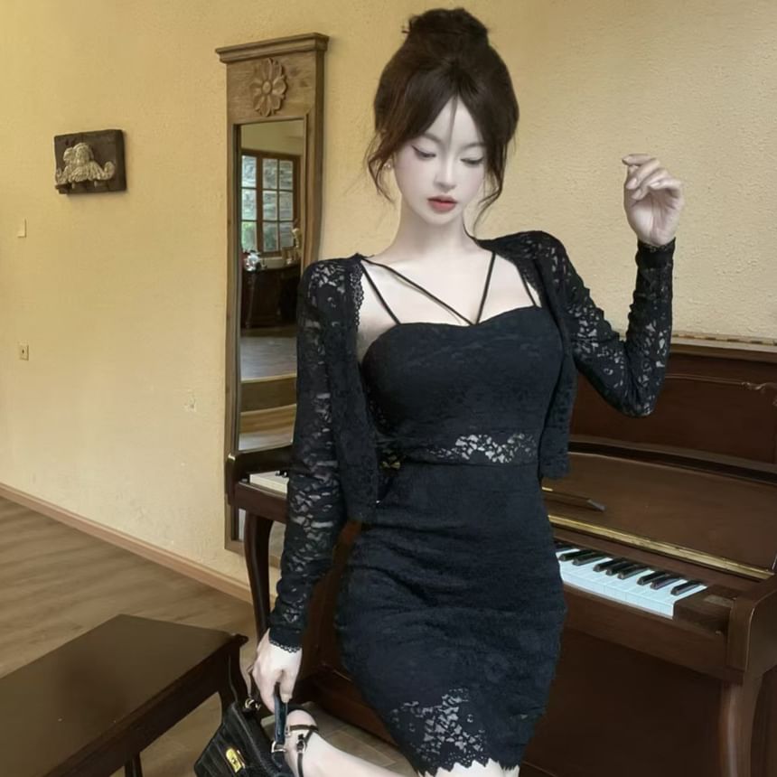 Set: Open Front Lace Crop Light Jacket + Spaghetti Strap Mini Bodycon Dress