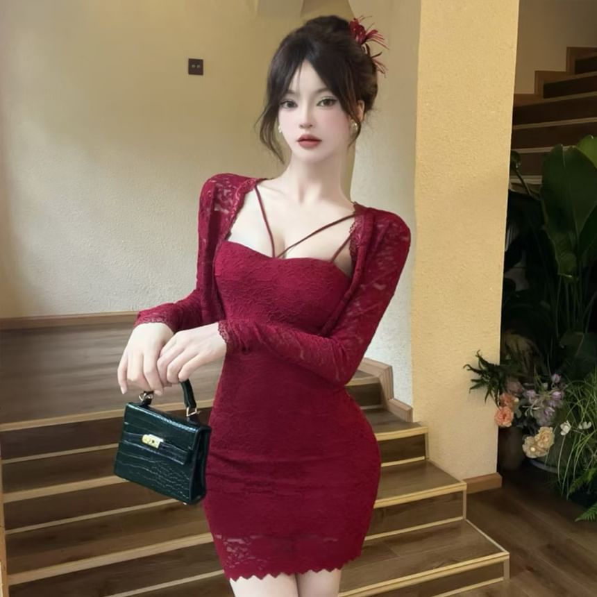 Set: Open Front Lace Crop Light Jacket + Spaghetti Strap Mini Bodycon Dress