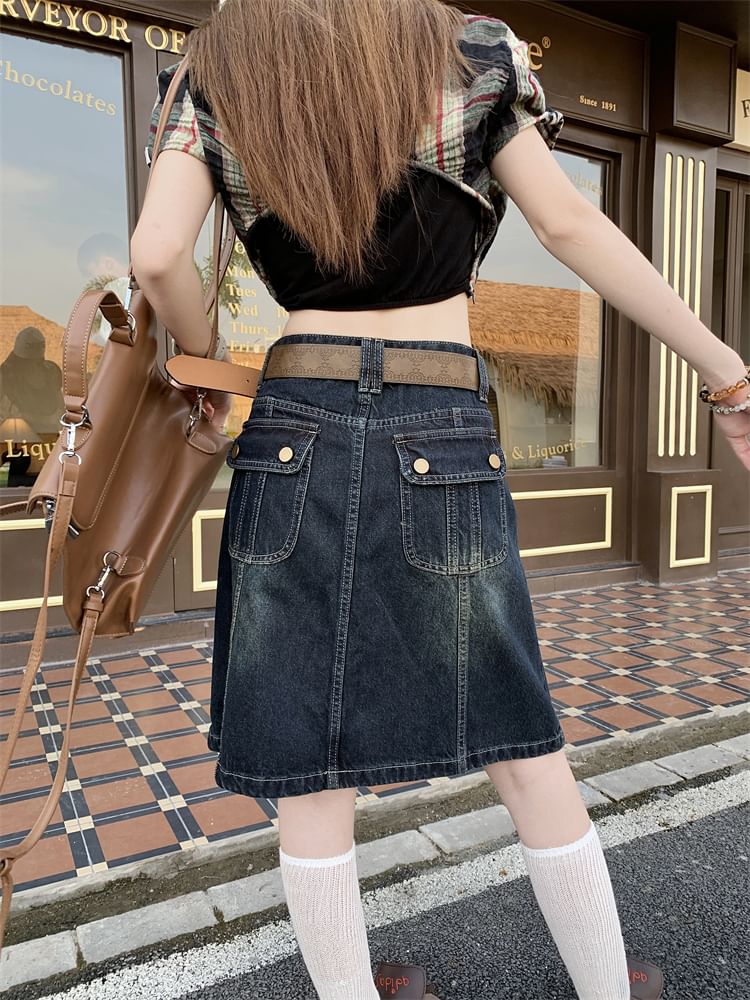 Washed Denim A-Line Skirt with Mid Rise