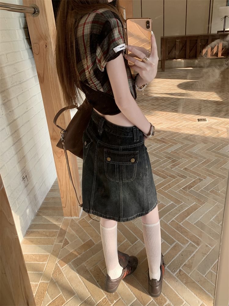 Washed Denim A-Line Skirt with Mid Rise