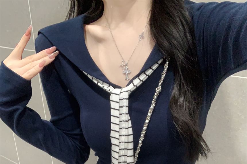 Sailor Collar Plain Long Sleeve Tee Shirt