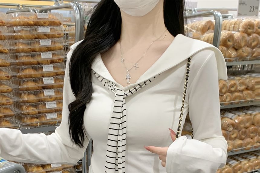 Sailor Collar Plain Long Sleeve Tee Shirt
