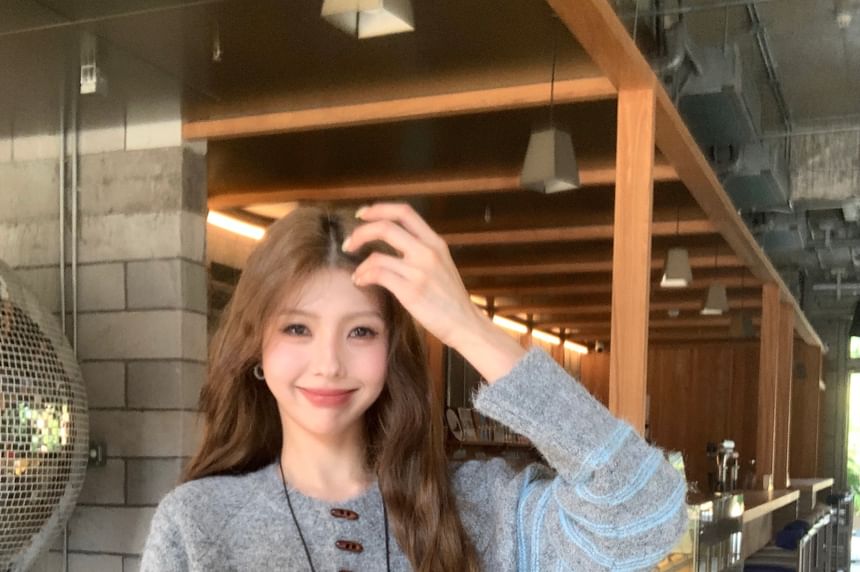 Striped Henley Knit Pullover Sweater