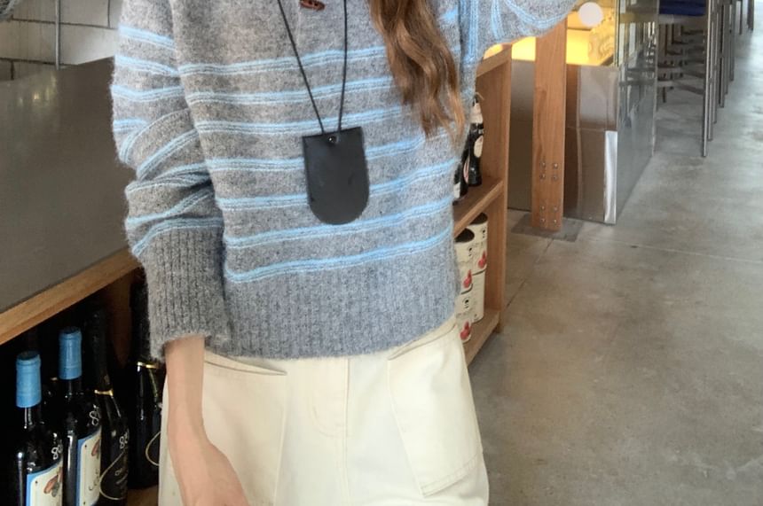 Striped Henley Knit Pullover Sweater