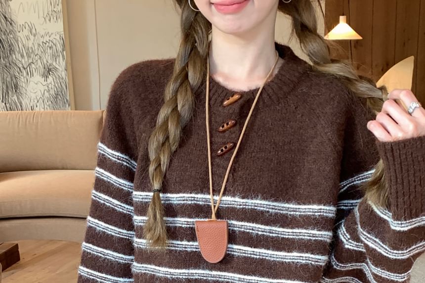 Striped Henley Knit Pullover Sweater