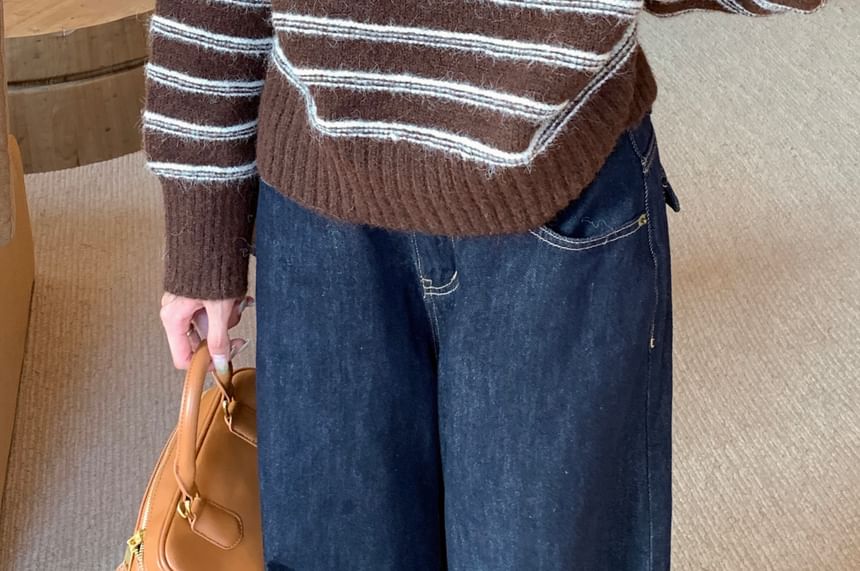 Striped Henley Knit Pullover Sweater