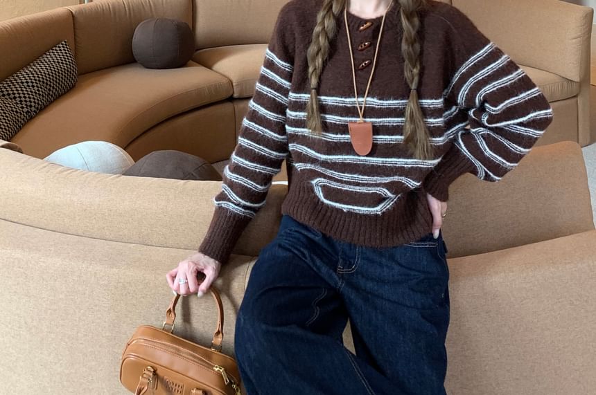 Striped Henley Knit Pullover Sweater